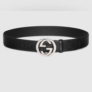 GUCCI GG Monogram Men’s Belt with Interlocking G Buckle Black Silver